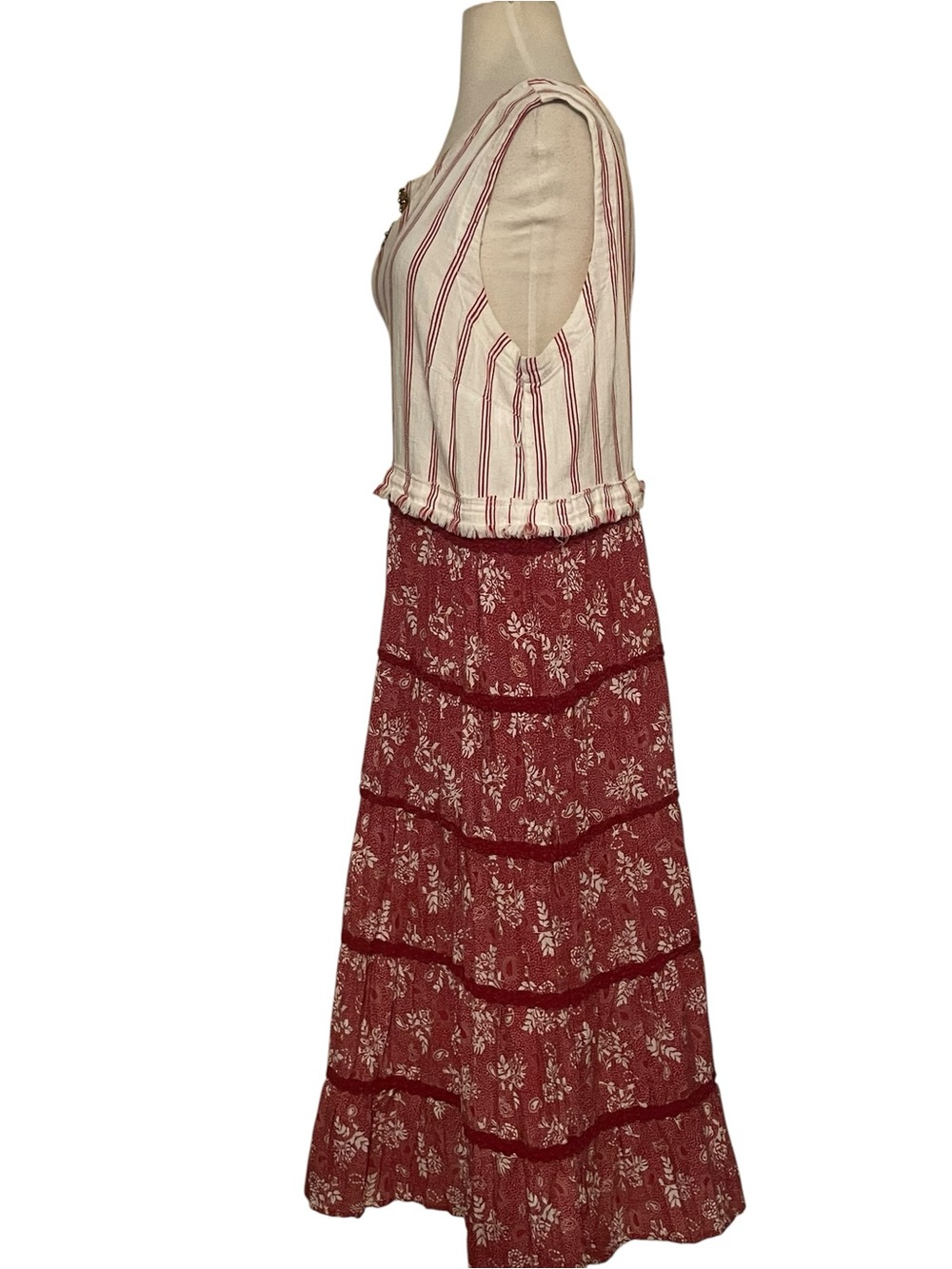 Laugh Bespoke Vintage Upcycled Boho Tiered Red White Maxi Dress Womens XXL - Picture 6 of 15
